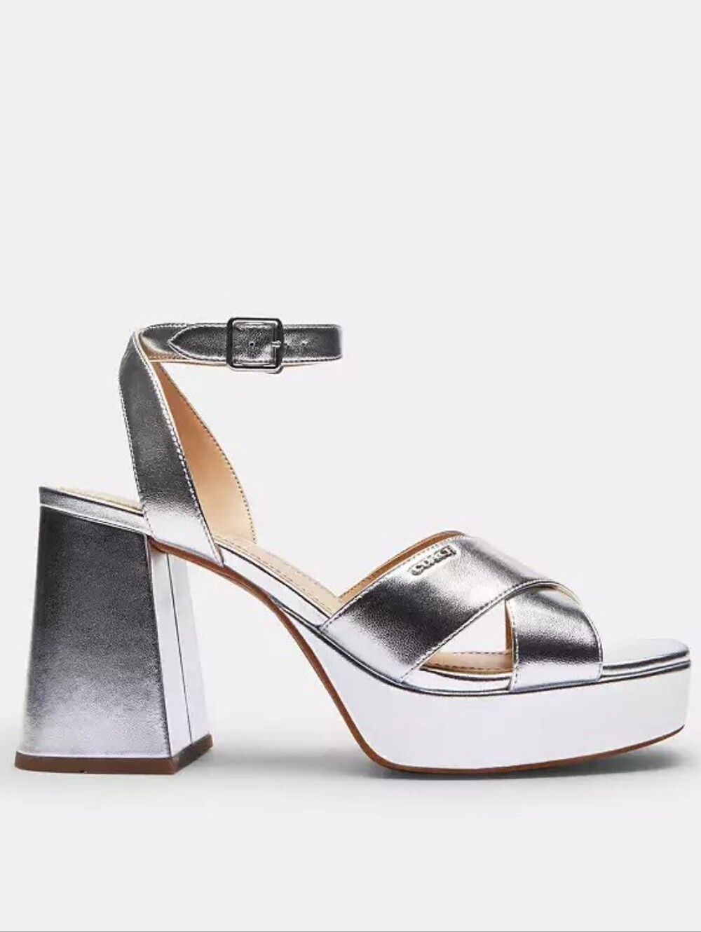 BRAND NEW!!! Coach Metallic Silver Platform Block Heel Sandals with Ankle Strap